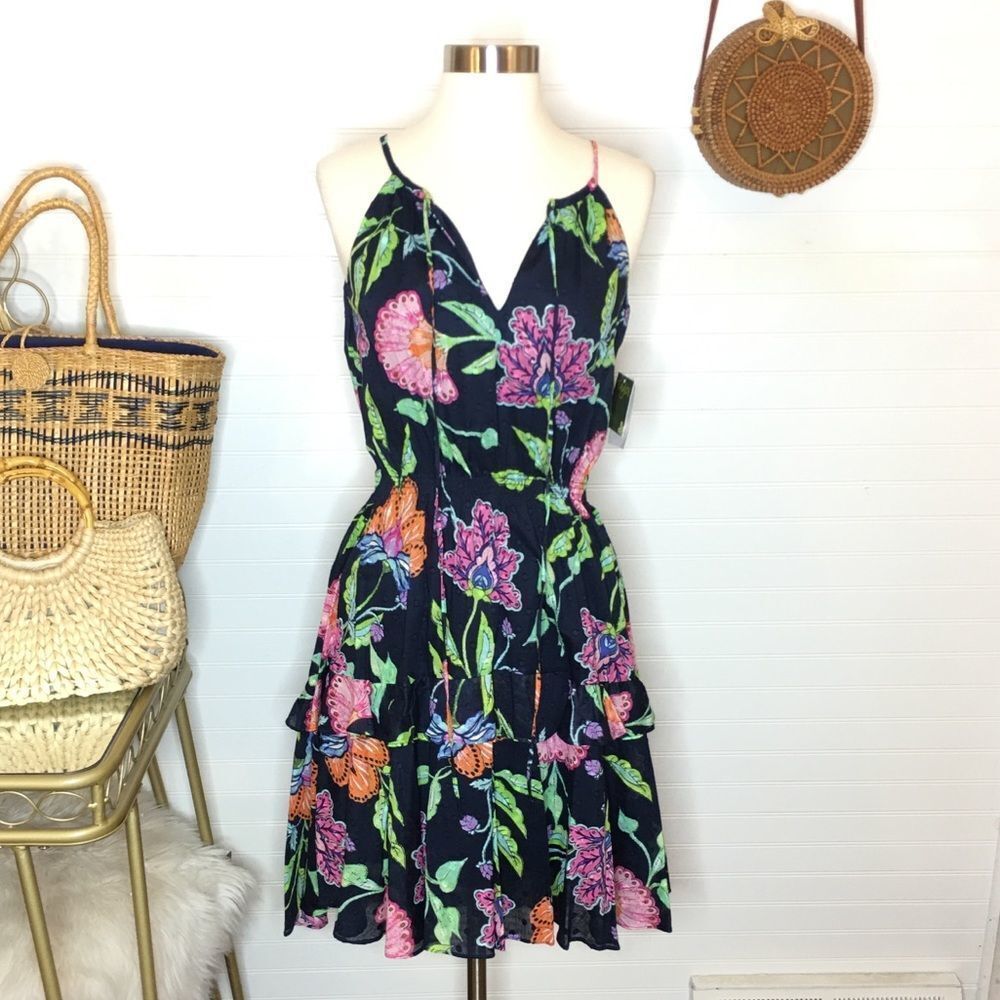Taylor 100% Cotton Floral Navy Midi High Low Mini Dress NWT Size 2